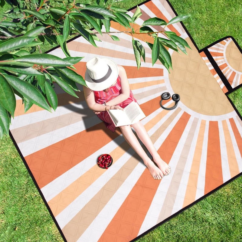 BEW Picnic Blankets Waterproof,79''x79'' Extra Large Foldable Sandproof Beach Blanket,Portable 3-Layer Polyester Outdoor Picnic Blanket for Grass Lawn,Beach,Family Camping,Park,Travel-Starburst Orange - Image 3